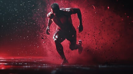 Naklejka premium Athlete sprints through a vibrant red mist, embodying power and determination, AI