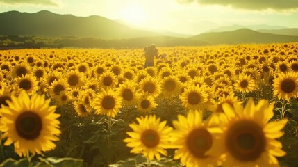 Fototapeta premium A farmer inspecting a field of yellow sunflowers, Flower Farming, Vibrant and sunny