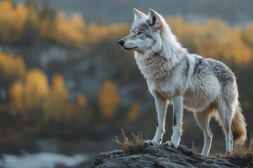 Fototapeta premium A lone wolf stands on a rocky outcrop, looking out at the autumn landscape.