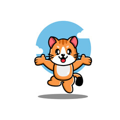 A cute cartoon orange cat jumping with arms outstretched, set against a blue sky with clouds