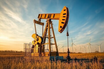 Oil pump in a field with wind turbines. This image shows the transition from fossil fuels to renewable energy.