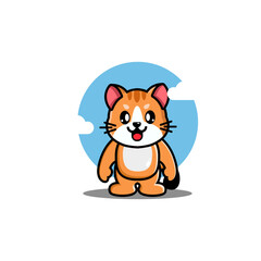 Cute cartoon orange cat with white belly, standing on two legs, blue sky background with clouds