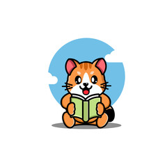 A cute orange cat reading a book with a blue sky and clouds background
