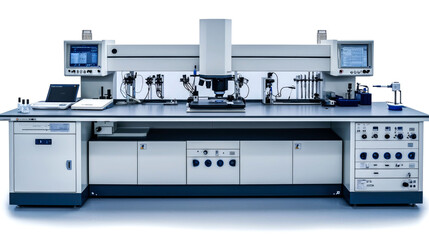 A laboratory workbench with a high-tech microscope and computer monitors.