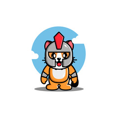Cute cartoon cat in gladiator armor with a red plume, standing against a blue sky background
