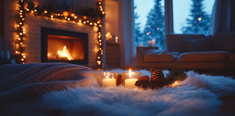 Burning candles and pine cones on soft bed in scandinavian evening room. Christmas background