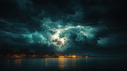 A powerful lightning strike illuminates the dark sky over a coastal city at night.
