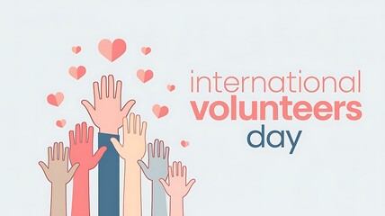 Minimalist International Volunteers Day Design Featuring Outlined Hands Reaching Upward with Floating Hearts on a Clean White Background
