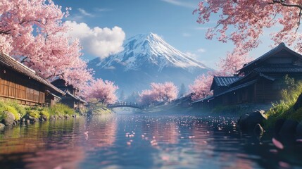 traditional Japanese old house at countryside of Japan with blooming pink Sakura or Cherry blossom and Fuji mountain at background.
