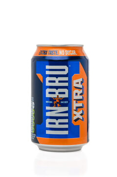 Gaziveren Cyprus -13.11.2024 Bright and bold can of Irn Bru Xtra set against a simple backdrop showcasing its distinctive design and colors