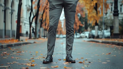 A man stands on a street covered with autumn leaves, dressed in formal attire.