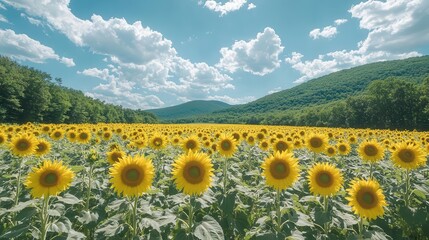 Obraz premium A large field of sunflowers, bright and blooming, Flower Farming, Sunny and cheerful