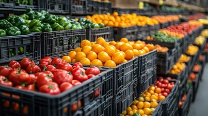 Colorful fresh produce stacked in crates at a market.