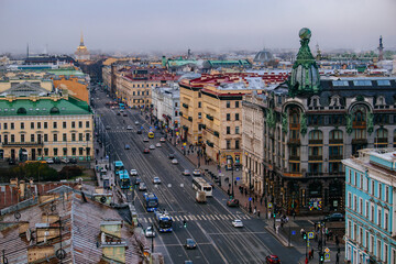 Nevsky prospect, Zinger house and Admiralty, Saint Petersburg, Russia, November 10, 2024, aerial view