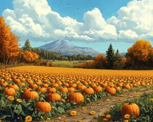 A pumpkin patch in an autumn field, Seasonal Farming, Festive and colorful
