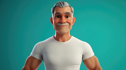 Happy and fit older man showcasing impressive muscles in a white t shirt promoting gym membership for aspiring athletes and trainers