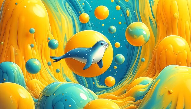 yellow background with seal swimming in an ocean colors