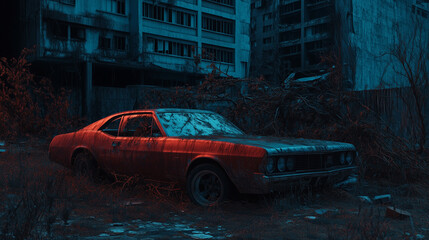 Abandoned vintage car rusting in overgrown urban lot amid dilapidated buildings