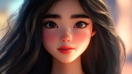 Fototapeta premium Close up portrait of a beautiful long haired Asian woman with natural makeup and radiant skin ideal for beauty and skincare campaigns