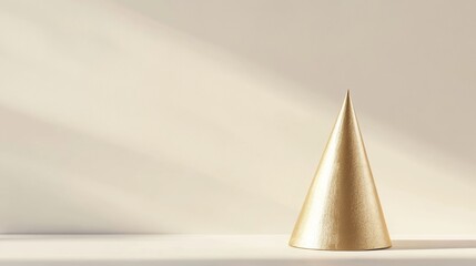 Fototapeta premium Christmas decoration concept featuring a modern golden cone with geometric shapes surrounding, on a minimalist blank background