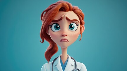 Frustrated redhead doctor woman with a confused expression on an isolated blue background depicting healthcare challenges