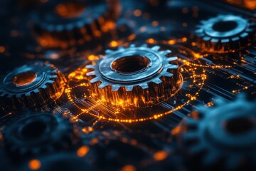 Close-up of shiny metallic gears interlocked with orange glowing circuits.
