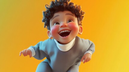Cheerful 2 year old toddler with curly hair laughing and bending over in a gray jumpsuit and white turtleneck capturing joyful childhood moments