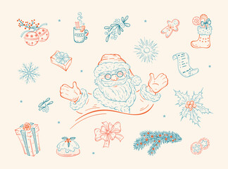 Christmas and New Year Vector Set. Happy Santa Claus and Christmas Decorations, Gifts, Treats. Hand Drawn Outline Elements Design.