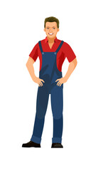 Builder. Worker in overalls. Fun cartoon style. object isolated on white background. Vector Character standing.