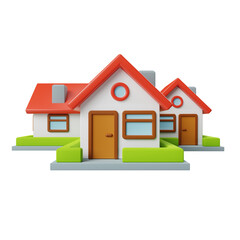 simple small plastic houses in a village 3d render icon illustration with red roof isolated on a white background, transparent

