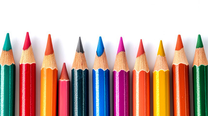 A row of colorful pencils on a white background.