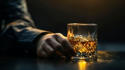 A hand holding a glass of whiskey, illuminated by soft light, creating a warm and inviting atmosphere.