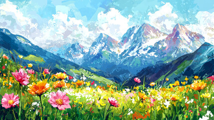 Fototapeta premium A scenic landscape painting of snow capped mountains in the background and a field of wildflowers in the foreground.