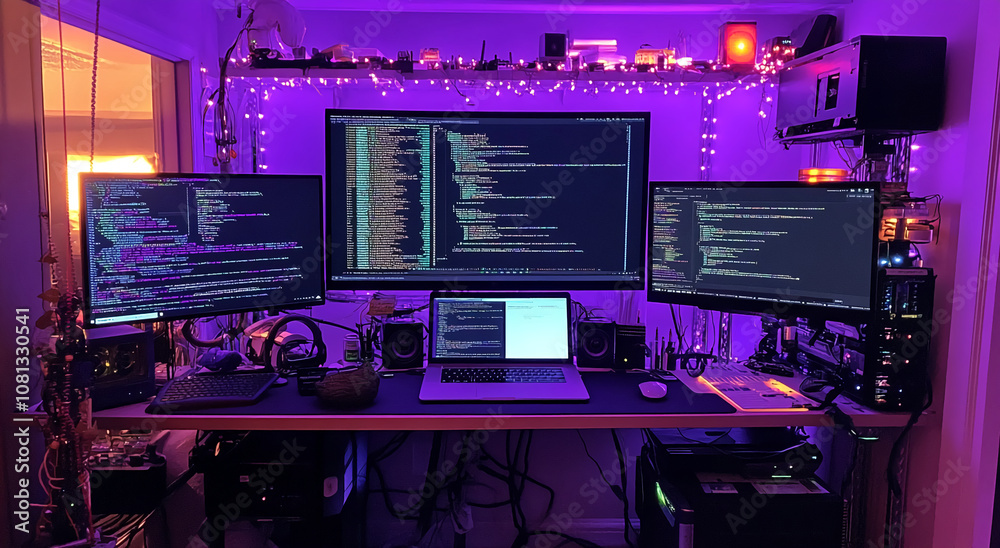 Poster a home office desk with three monitors, a laptop, and a keyboard, all lit with purple light. the mon