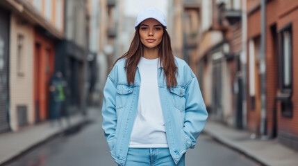 Fototapeta premium young woman stands confidently in stylish light blue outfit, featuring denim jacket and cap, in narrow urban street. Her expression is calm and self assured, embodying modern fashion.