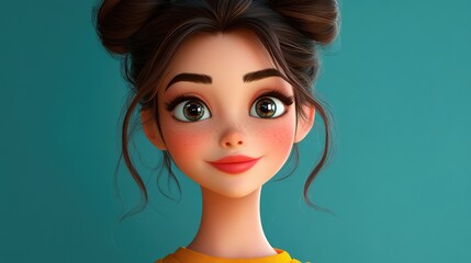 A vibrant 3D character of a cheerful woman with soft features and subtle makeup highlighting the charm and self assurance of ladies
