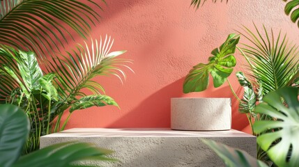 Obraz premium Tropical plants against coral wall with sunlight