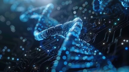 A glowing blue DNA strand is shown against a dark background with a circuit board pattern, representing the intersection of biology and technology.