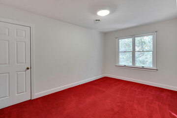 Room With Red Carpet And Single Window,Simple Design.