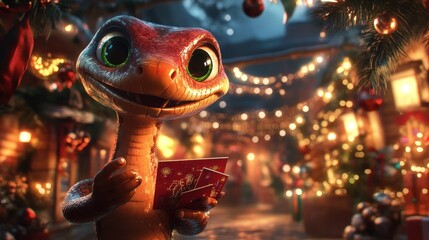 A cute cartoon lizard with big eyes smiles holding Christmas cards in a festive, snowy town setting.
