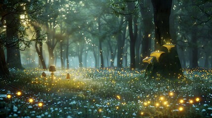 A magical forest scene illuminated by glowing lights and mushrooms, creating an enchanting atmosphere.