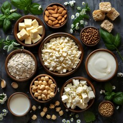 A variety of foods are displayed in wooden bowls, including nuts, cheese