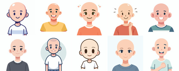 vector set of a bald-headed teenager with a simple and minimalist flat design style. plain white background