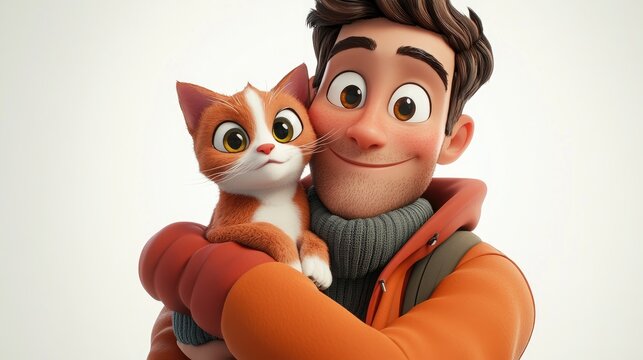 Man holding an adorable cat against a clean white backdrop showcasing companionship and warmth