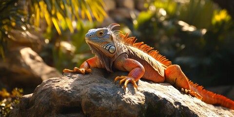 Naklejka premium Vibrant Iguana on a Rock in Nature. This captivating image captures an iguana basking in the sun among lush greenery. Perfect for wildlife enthusiasts and nature lovers. AI