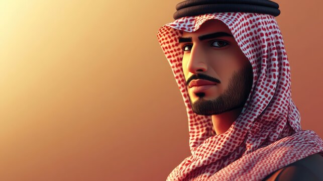 Handsome Saudi Arabian man in traditional thwab professional studio portrait showcasing cultural attire and elegance