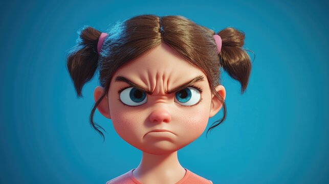Little sisters looking unhappy and frustrated against a blue background expressing sibling emotion and childhood challenges