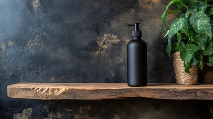 Fototapeta premium Black bottle on wooden shelf with plant. Perfect for showcasing products or displaying your brand.