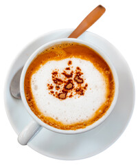 Cup of delicious hot cappuccino coffee with white foam. Isolated over white background