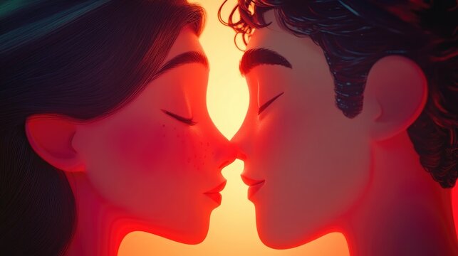Close up profile of a couple with eyes closed sharing a tender moment during a first kiss on a blind date intimate setting love and connection